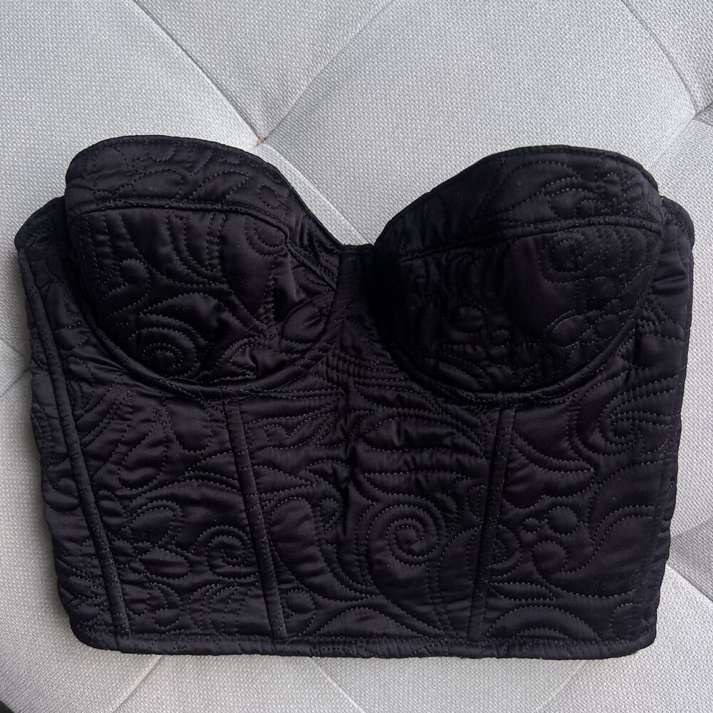 Zara Black Embossed Quilted Corset Top - Structured Underwire Bustier - Medium